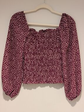 Amazon Burgundy Floral Smocked Square-Neck Blouse